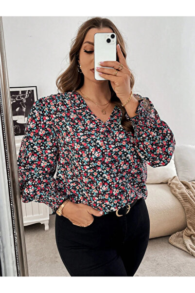 UniqueStore.ro Plus size floral shirt with elastic cuffs