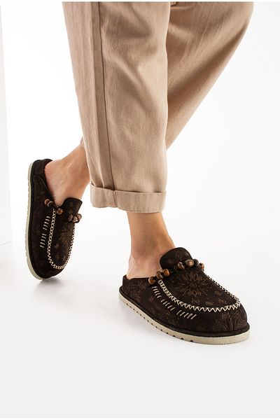 Lemoors Rumi Inside and Outside and Sole Genuine Suede Leather Brown Artistic Women's Sabo Slippers