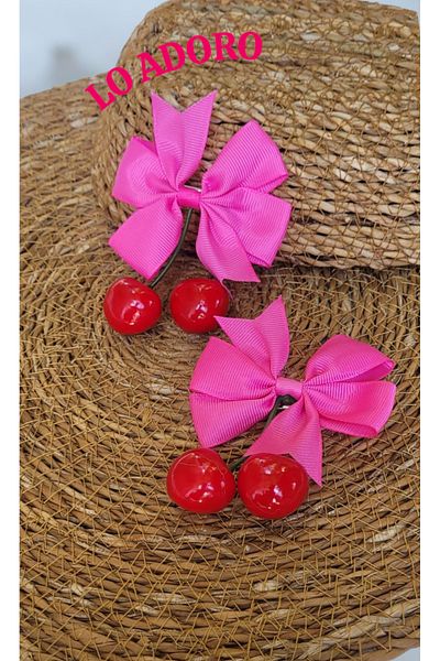 LO ADORO 2Pcs Girls' Bow Cherry Buckle for School Cherry Buckle White Red Pink Fuchsia Color 2Pcs