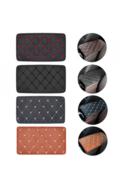 DELUXETUNING Universal leather car armrest cover 29 cm x 17 cm black with red stitching