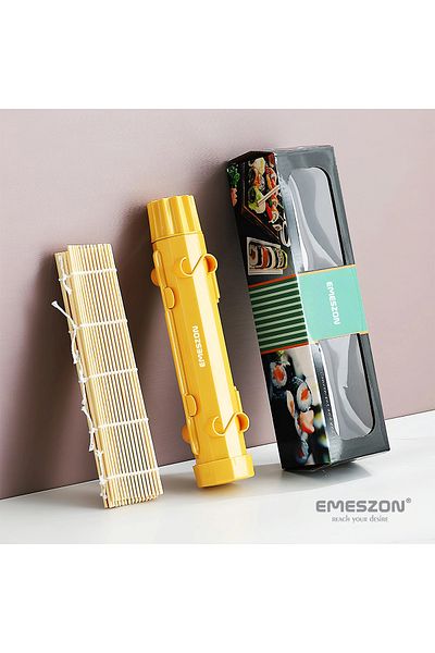 EMESZON Complete Sushi Rolls 2 Set, EMESZON® Manual Sushi Rolling Machine with Bamboo Roller, Yellow