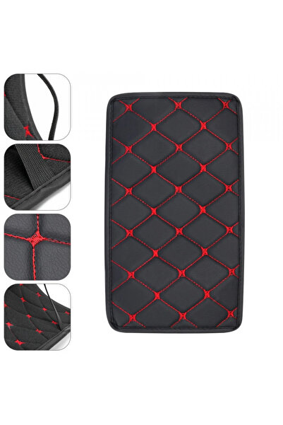 DELUXETUNING Universal leather car armrest cover 29 cm x 17 cm black with red stitching