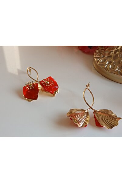 Pirinç Altın Kaplama Kırmızı Çiçekli Küpe