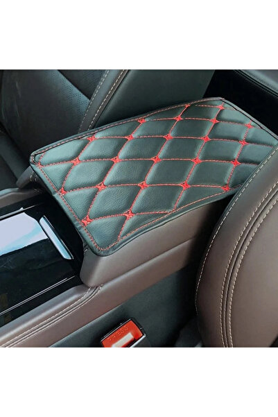 DELUXETUNING Universal leather car armrest cover 29 cm x 17 cm black with red stitching