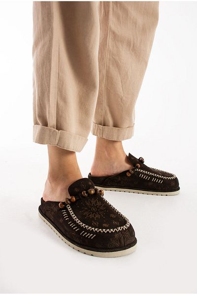 Lemoors Rumi Inside and Outside and Sole Genuine Suede Leather Brown Artistic Women's Sabo Slippers