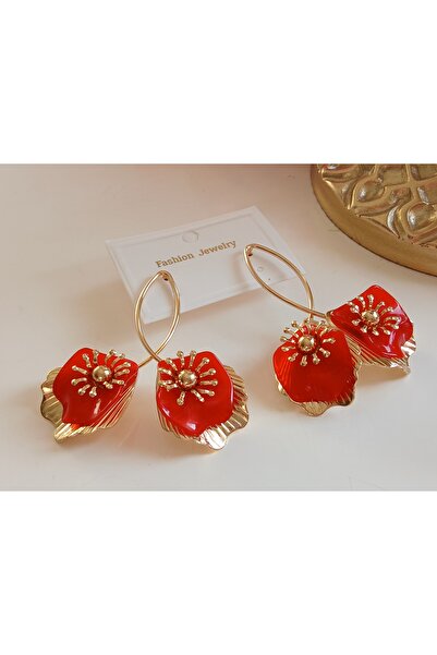 Pirinç Altın Kaplama Kırmızı Çiçekli Küpe