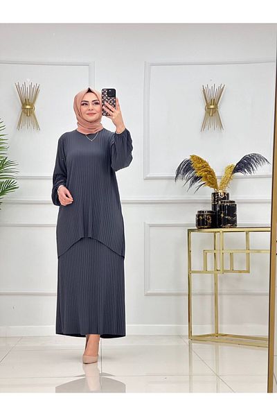 Afili Women's Hijab Skirt Suit – Asymmetrical Top Pleated Modern Design