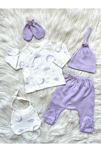 Linda Harris مجموعة Moon & Cloud Pattern Lila مكونة من 5 قطع للفتيات حديثي الولادة من المستشفى