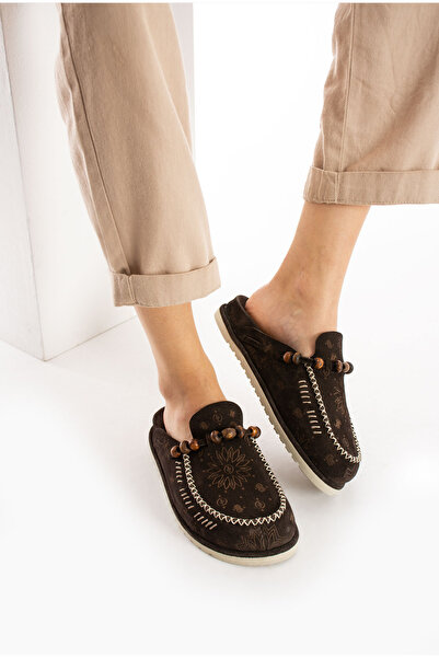 Lemoors Rumi Inside and Outside and Sole Genuine Suede Leather Brown Artistic Women's Sabo Slippers