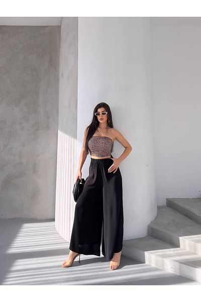 Hazinedan Women's Elastic Waist Wide Leg Casual Viscose Trousers