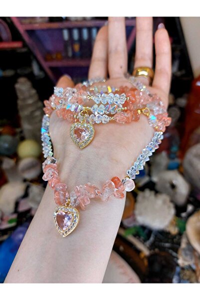 Herkimer Doğal Taş Çilek Kuvars Tasarım Doğaltaş Kolye & Bileklik Set