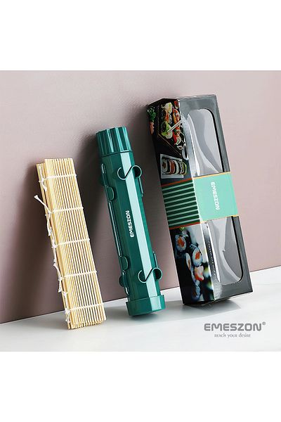 EMESZON Complete Set Sushi Rolls 2, EMESZON® Manual Sushi Rolling Machine with Bamboo Roller, Green
