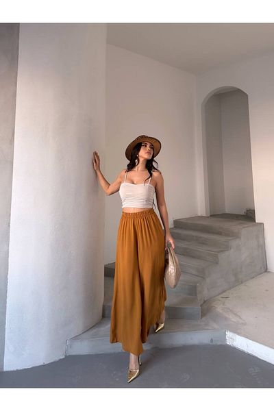 Hazinedan Women's Elastic Waist Wide Leg Casual Viscose Trousers