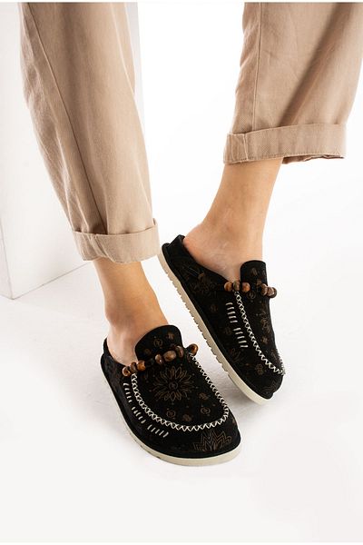 Lemoors Rumi Inside and Outside and Sole Genuine Suede Leather Black Color Design Women's Sabo Slippers