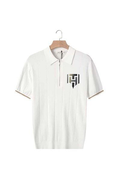huitich Men's Summer Polo Shirt – White, Half-Zip, Short Sleeve, Ribbed Texture Size M