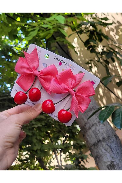 LO ADORO 2Pcs Girls' Bow Cherry Buckle for School Cherry Buckle White Red Pink Fuchsia Color 2Pcs