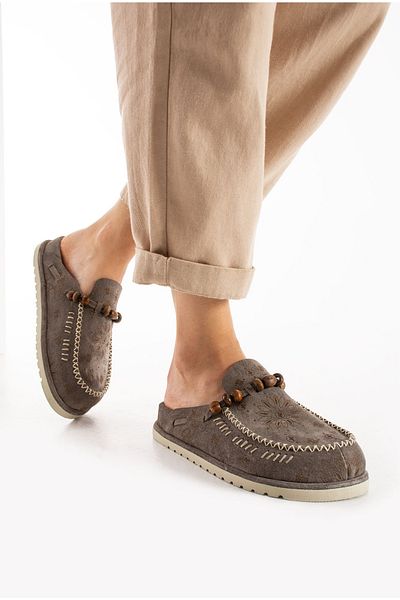 Lemoors Rumi Inside and Outside and Sole Genuine Suede Leather Gray Color Design Women's Sabo Slippers