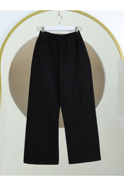 COjans Wide Leg Elastic Waist Lace Detailed Jeans - Black