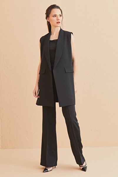 Nurs Kuşaklı Yelek Pantolon Takım Siyah