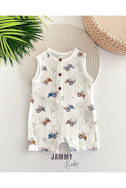 Bebelove Baby Boy Tractor Patterned Muslin Fabric Suspender Japanese Sleeve Snap Shorts Jumpsuit