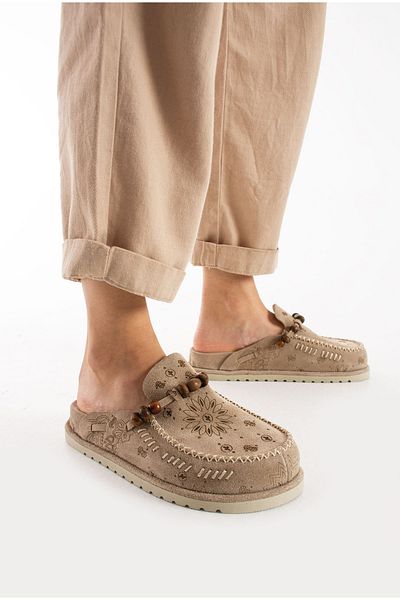 Lemoors Rumi Inside and Outside and Sole Genuine Suede Leather Beige Color Design Women's Sabo Slippers