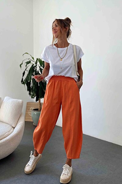 Nana & Mayka Moda Women's Orange Baggy Trousers Casual Four Seasons Comfortable Cotton Elastic Waist Daily Model Gabardine 4003