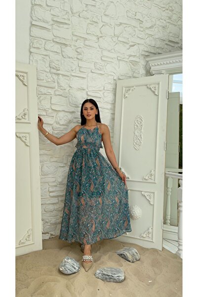 Nida Boutique Askılı Sırtı Çapraz Bağlamalı Fırfırlı Astarlı Şifon Elbise