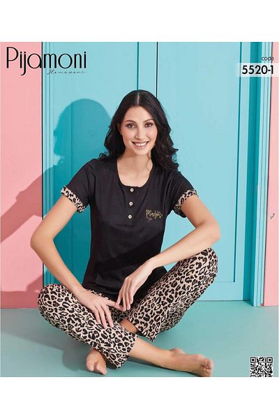Pijamoni Women's Viscose Lycra Button Collar Camisole Patch Short Sleeve Pajama Set 5520-1 / 1 Piece