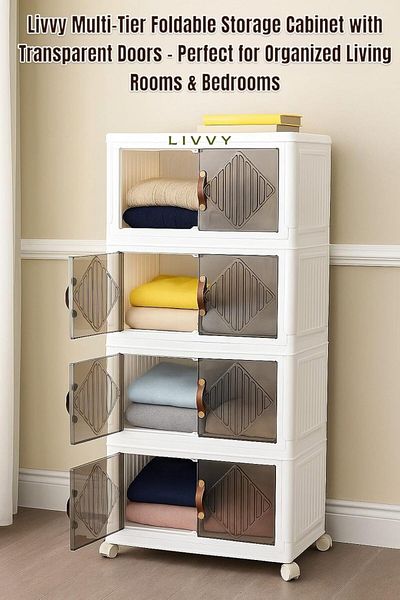 LIVVY 5-tier foldable plastic bins with lids & wheels, 150x53cm – stackable organizer for home storage.