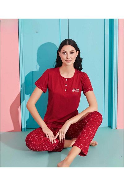 Pijamoni Women's Viscous Lycra Button Collar Camisole Patch Short Sleeve Pajama Set 5520-3 / 1 Piece