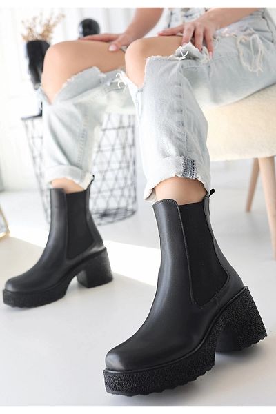 Işıltı kidss Paigo Black Leather Heeled Boots