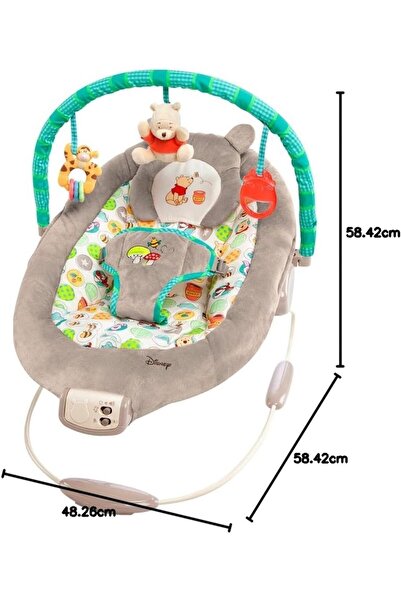 Bright Starts Disney Baby Winnie the Pooh Baby Bouncer Soothing Vibrations Deluxe Infant Seat - Faux Suede, Music, Removable Toy Bar, 0-6 Months 6-20 lbs (Dots & Hunny Pots)