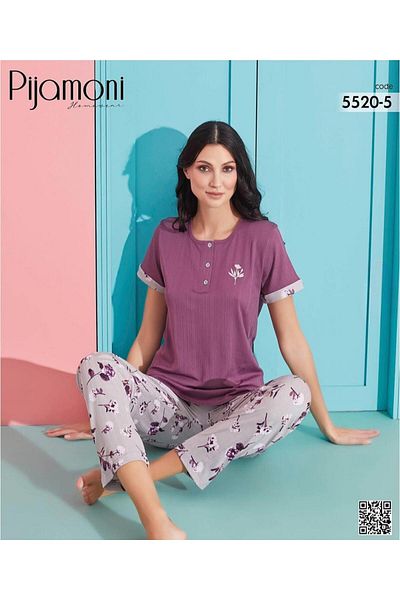 Pijamoni Women's Viscous Lycra Button Collar Camisole Patch Short Sleeve Pajama Set 5520-5 / 1 Piece