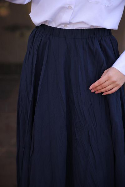 Bwest Elastic Waist Crinkle Detailed Long Skirt - (38-46) - 71258 - Navy Blue