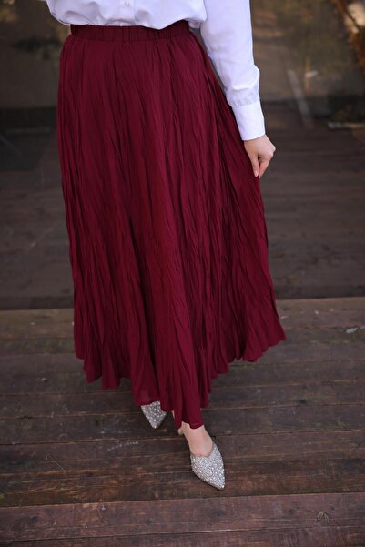 Bwest Elastic Waist Crinkle Detailed Long Skirt - (38-46) - 71258 - Plum
