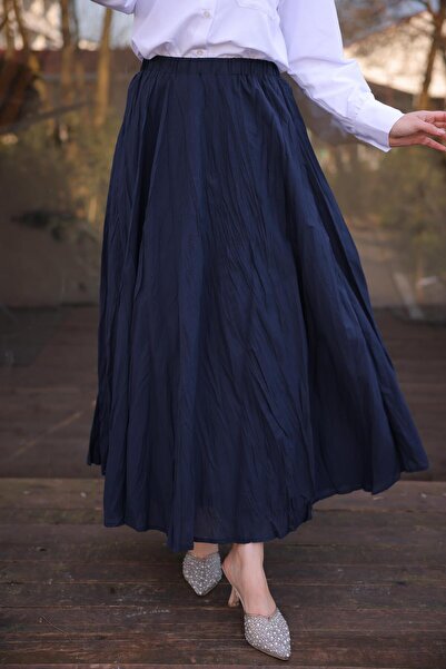 Bwest Elastic Waist Crinkle Detailed Long Skirt - (38-46) - 71258 - Navy Blue