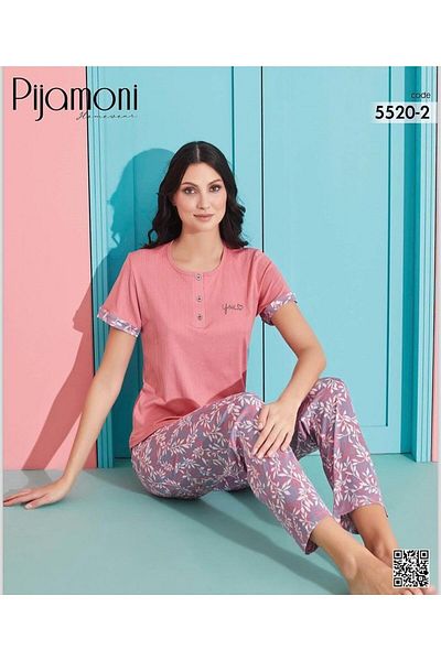 Pijamoni Women's Viscose Lycra Button Collar Camisole Patch Short Sleeve Pajama Set 5520-2 / 1 Piece