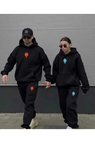 Elvino 4-Piece Black Unisex Couple Lover Combination Printed Tracksuit and Sweatshirt Sets