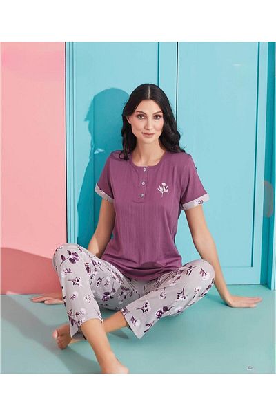 Pijamoni Women's Viscous Lycra Button Collar Camisole Patch Short Sleeve Pajama Set 5520-5 / 1 Piece