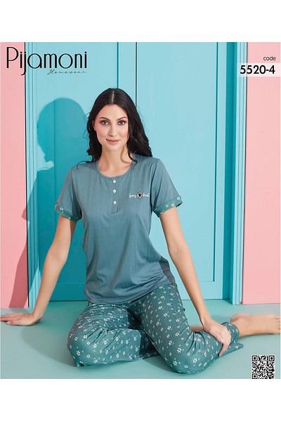 Pijamoni Women's Viscous Lycra Button Collar Camisole Patch Short Sleeve Pajama Set 5520-4 / 1 Piece