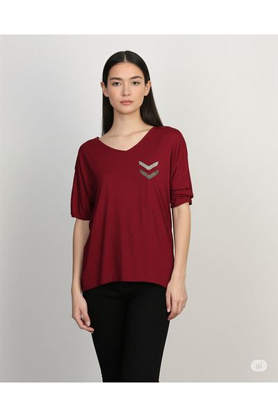 DHDmoda Women's Burgundy Stone Detailed V-Neck Blouse