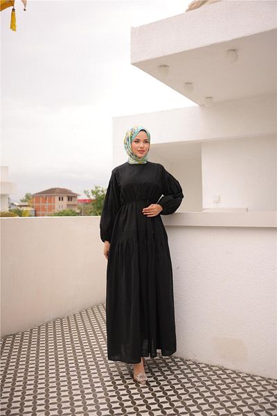 Bwest Waist Tie Wide Long Sleeve Gathered Long Dress - (38-46) - 71289 - Black