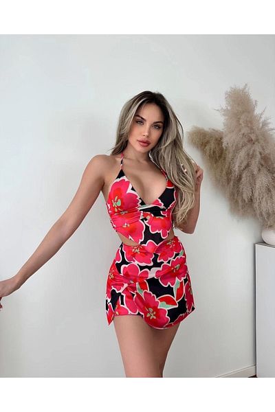 Işıltı kidss Red Patterned Top and Bottom Set