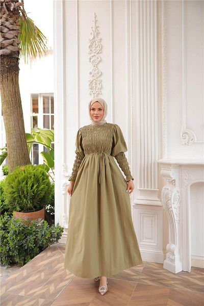 Bwest O Neck Gathered Bust Tie Waist Elasticated Sleeves Long Dress - (38-46) - 71272 - Khaki