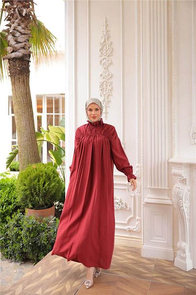 Bwest Fisherman's Stand Collar Elastic Sleeves Loose Cut Drawstring Long Dress - (38-46) - 71270 - Claret Red