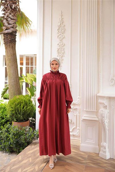 Bwest Fisherman's Stand Collar Elastic Sleeves Loose Cut Drawstring Long Dress - (38-46) - 71270 - Claret Red