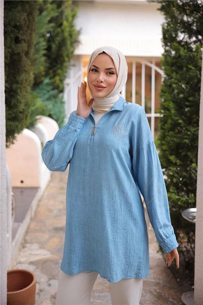 Bwest Half Zip Collar Logo Printed Tunic - (38-46) - 71245 - Turquoise