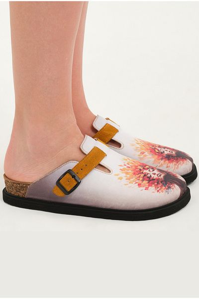 Lemoors Justine Natural Cork Sole Inner Genuine Leather Beige Color Design Printed Sabo Slippers