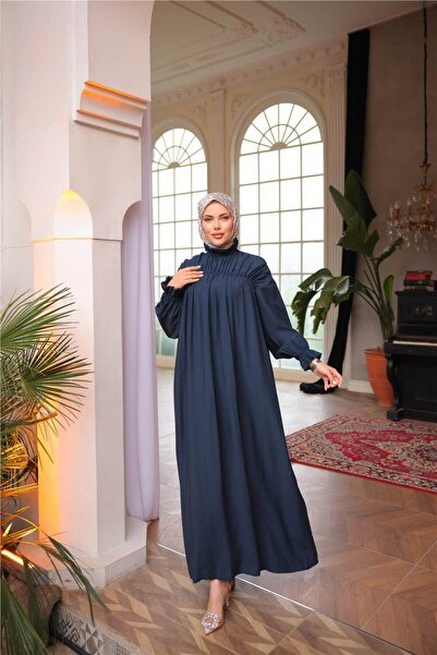 Bwest Μακρύ φόρεμα Fisherman με ψηλό γιακά, ελαστικά μανίκια, φαρδιά εφαρμογή και κορδόνι στο κάτω μέρος - (38-46) - 71270 - Navy Blue