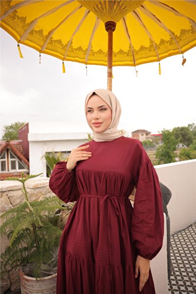 Bwest Φαρδύ μακρυμάνικο φόρεμα με κορδόνια στη μέση - (38-46) - 71289 - Βουργουνδία